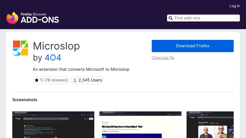 Screenshot of addons.mozilla.org: A [Firefox, Chromium] extension that converts Microsoft to Microslop