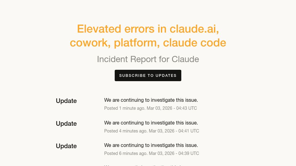 Screenshot of status.claude.com: Elevated Errors in Claude.ai