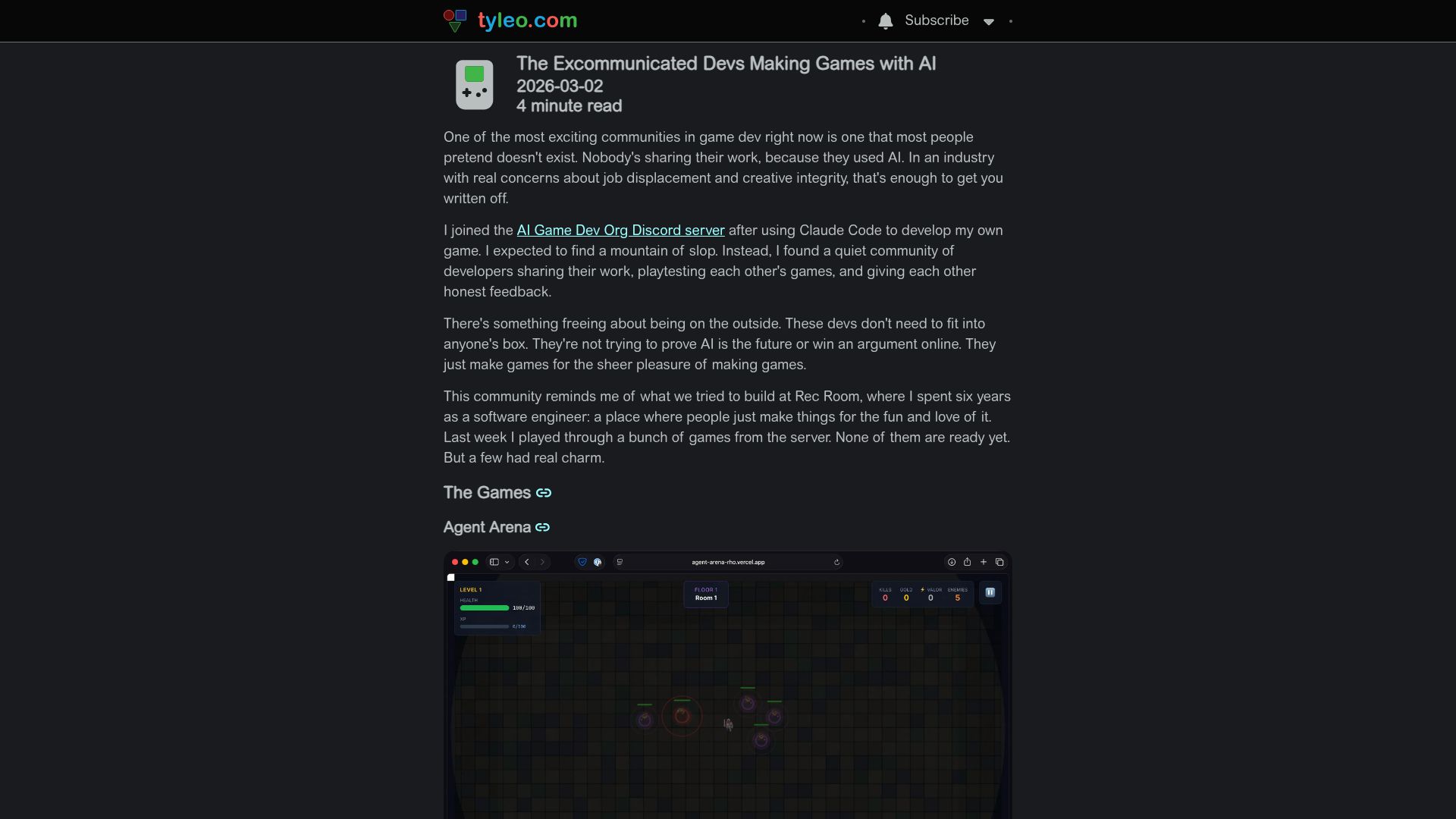 Screenshot of tyleo.com: The Excommunicated Devs Making Games with AI