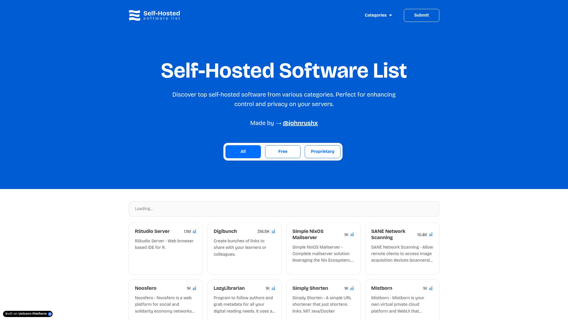 Screenshot of hostedsoftware.org: Self-Hosted Software List