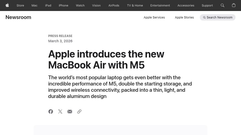 Screenshot of apple.com: MacBook Air with M5