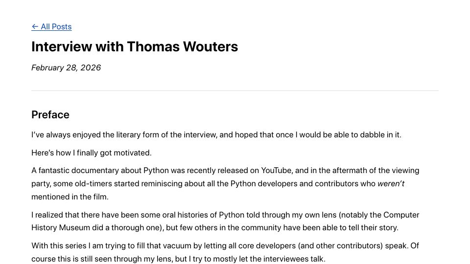 Screenshot of gvanrossum.github.io: Guido van Rossum Interviews Thomas Wouters (Python Core Dev)
