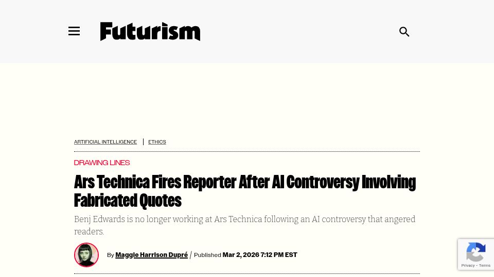 Screenshot of futurism.com: Ars Technica fires reporter after AI controversy involving fabricated quotes