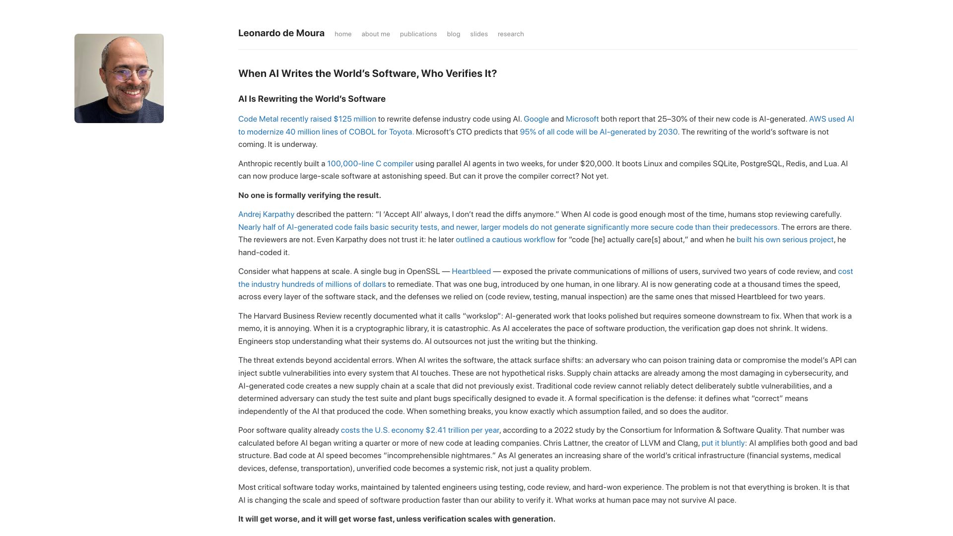Screenshot of leodemoura.github.io: When AI writes the software, who verifies it?