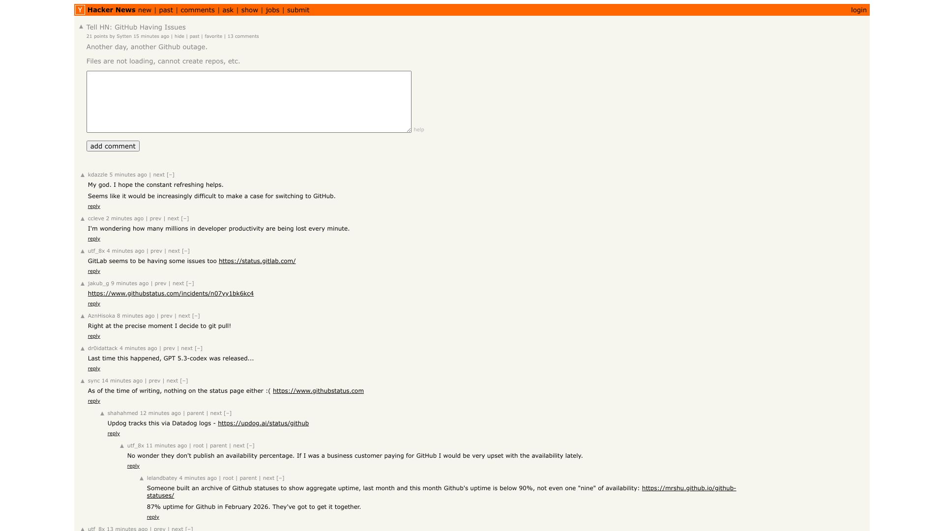 Screenshot of this Hacker News post: Tell HN: GitHub Having Issues