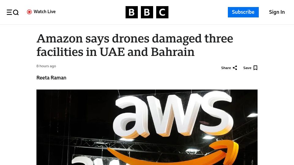 Screenshot of bbc.com: AWS outage due to drone attacks in UAE
