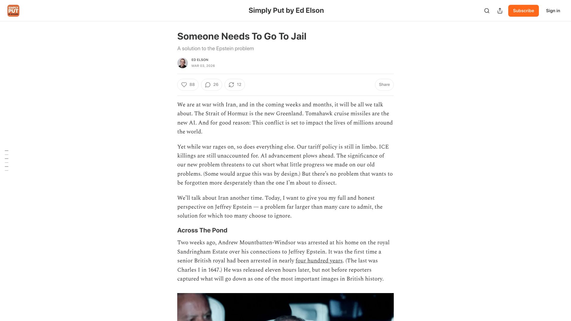 Screenshot of edwardelson.substack.com: Someone needs to go to jail