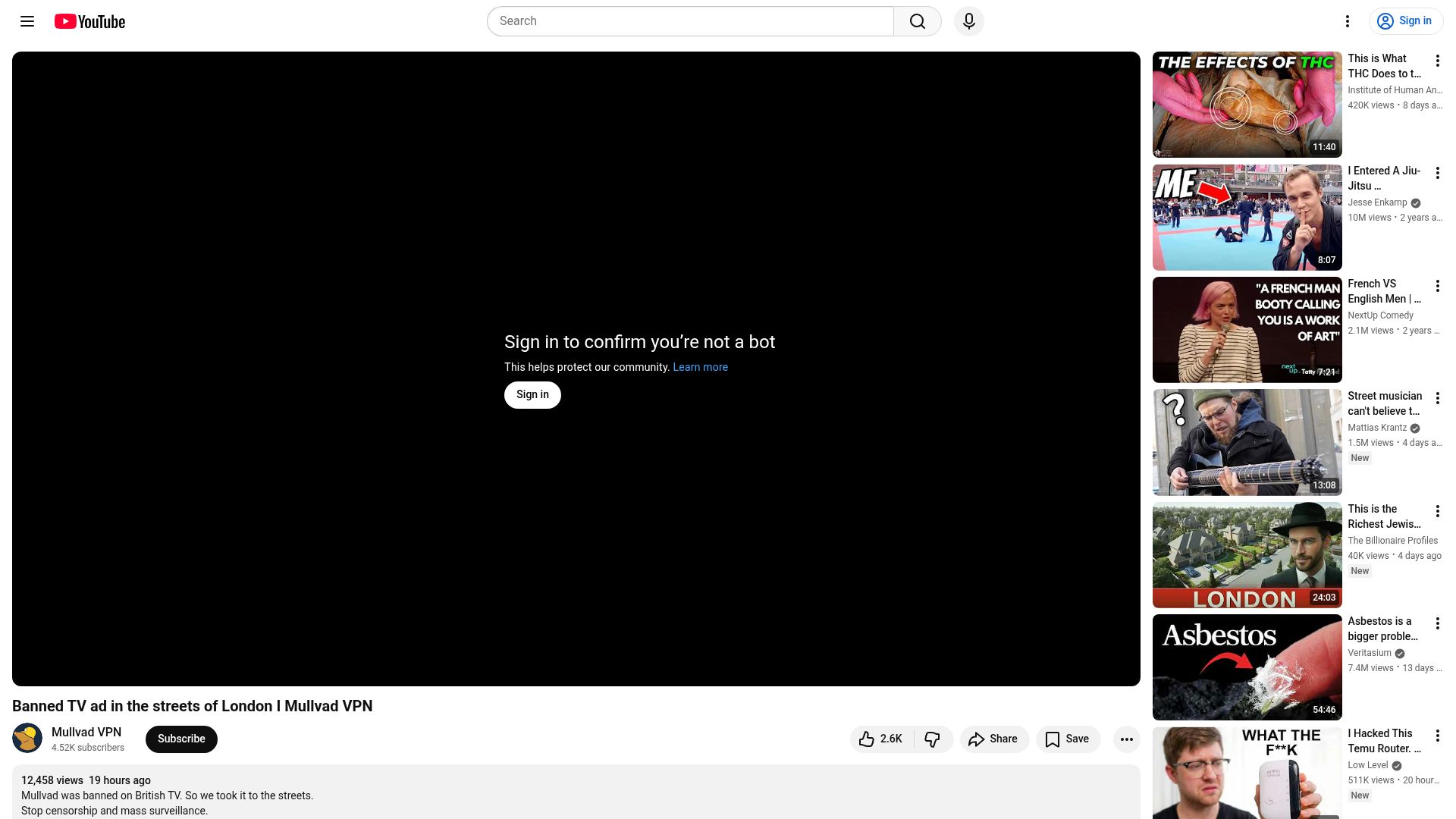 Screenshot of youtube.com: Mullvad VPN: Banned TV Ad in the Streets of London [video]