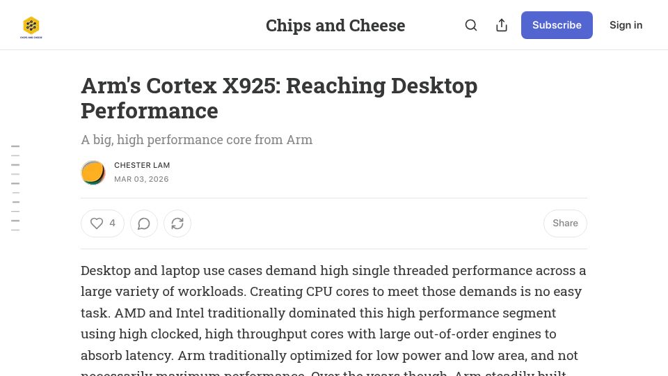 Screenshot of chipsandcheese.com: Arm's Cortex X925: Reaching Desktop Performance