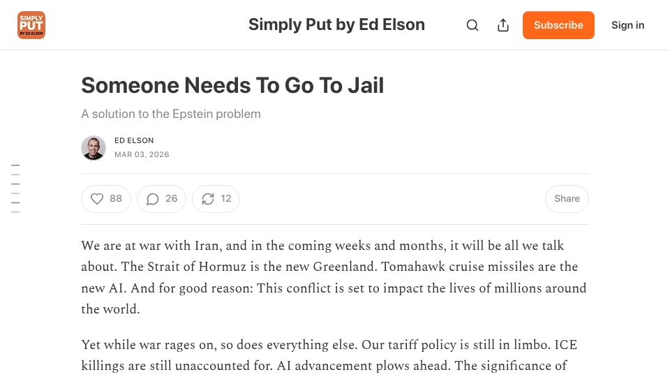 Screenshot of edwardelson.substack.com: Someone needs to go to jail