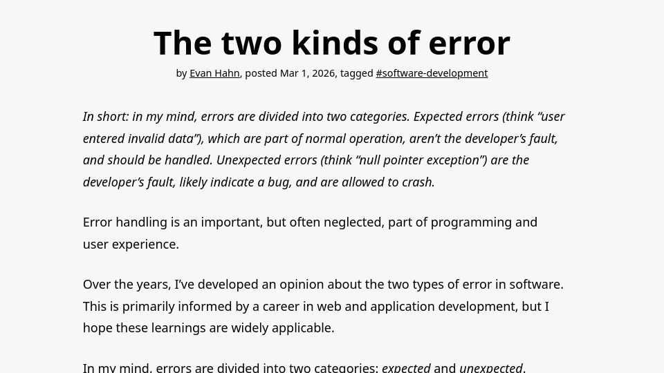 Screenshot of evanhahn.com: Two kinds of error