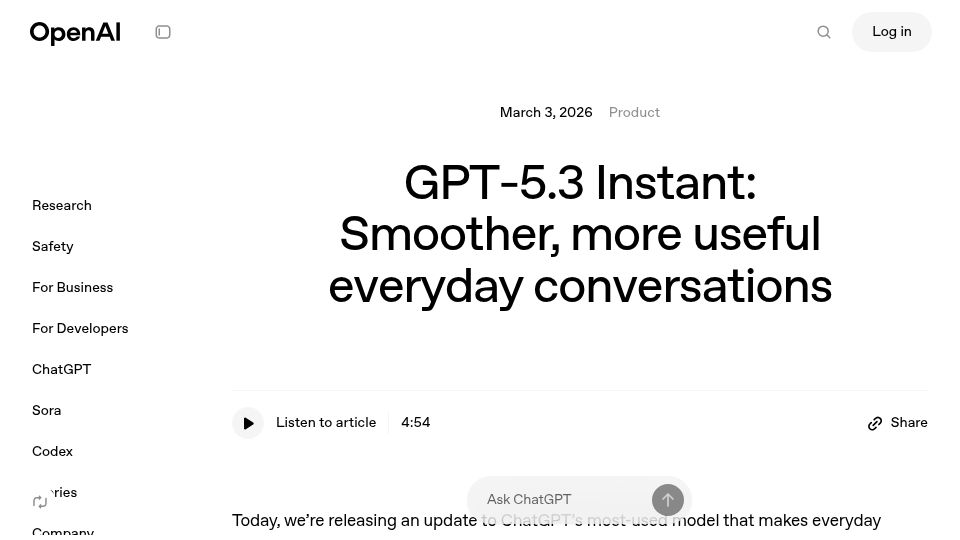 Screenshot of openai.com: GPT‑5.3 Instant