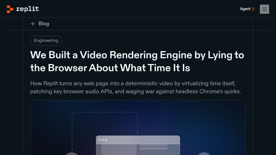 Screenshot of blog.replit.com: We Built a Video Rendering Engine by Lying to the Browser About What Time It Is