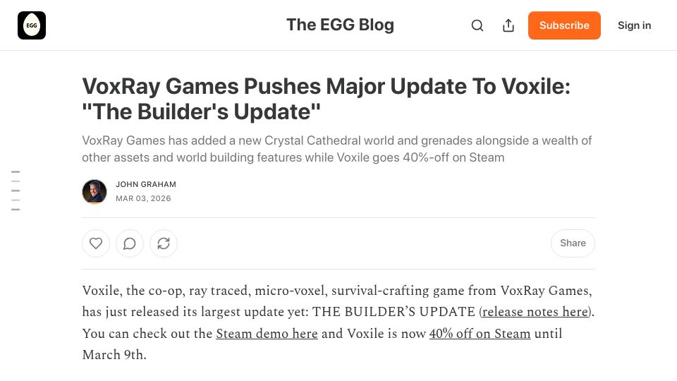 Screenshot of elbowgreasegames.substack.com: Voxile: A ray-traced game made in its own engine and programming language