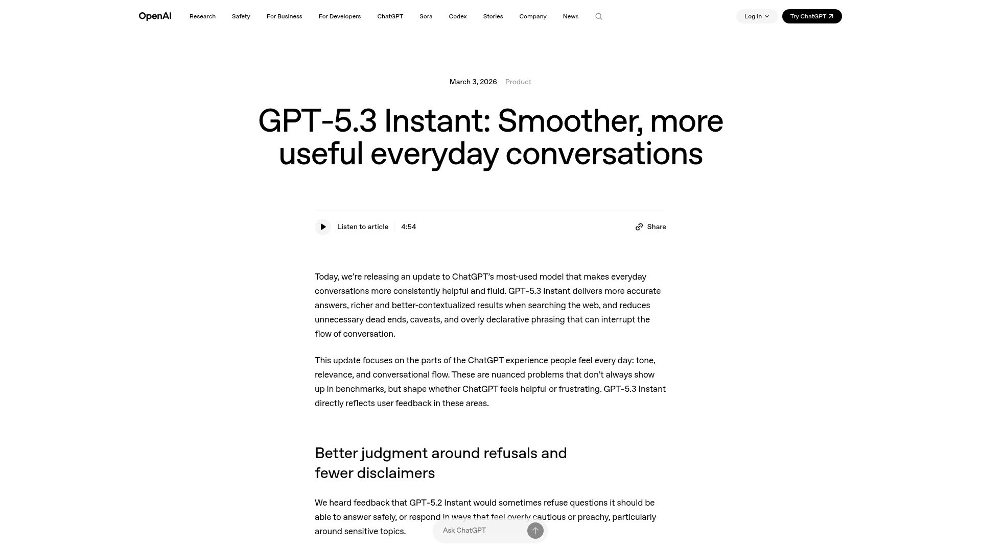 Screenshot of openai.com: GPT‑5.3 Instant