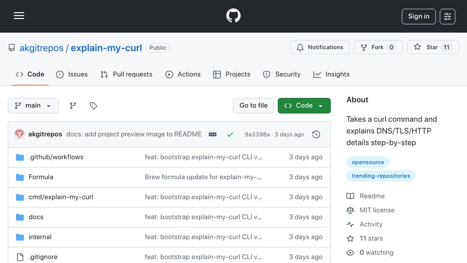 Screenshot of github.com: Show HN: Explain Curl Commands