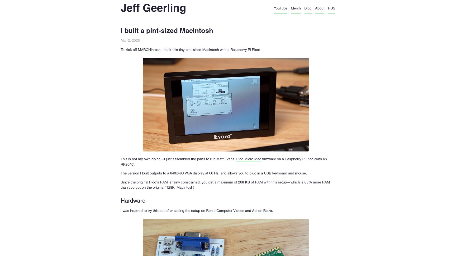 Screenshot of jeffgeerling.com: I built a pint-sized Macintosh