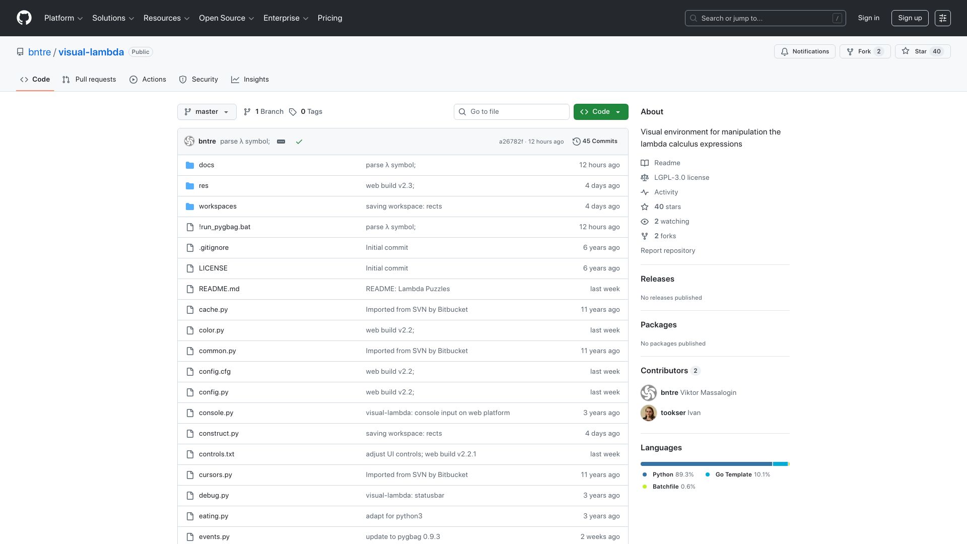Screenshot of github.com: Show HN: Visual Lambda Calculus – a thesis project (2008) revived for the web