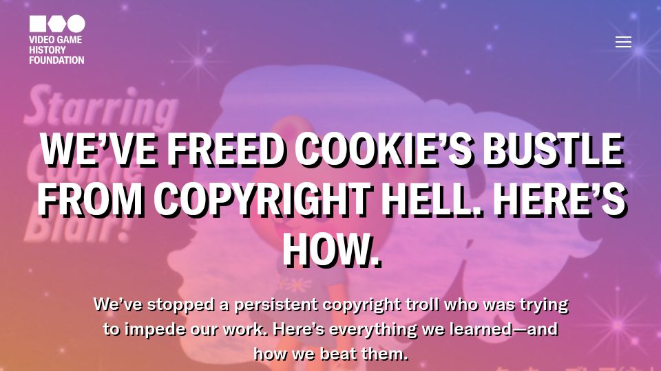 Screenshot of gamehistory.org: We've freed Cookie's Bustle from copyright hell