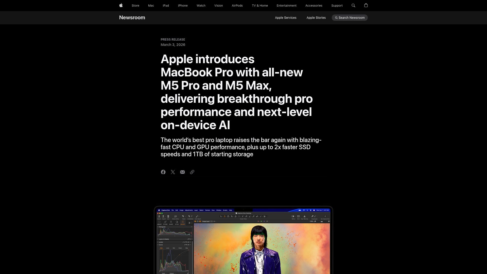 Screenshot of apple.com: MacBook Pro with M5 Pro and M5 Max