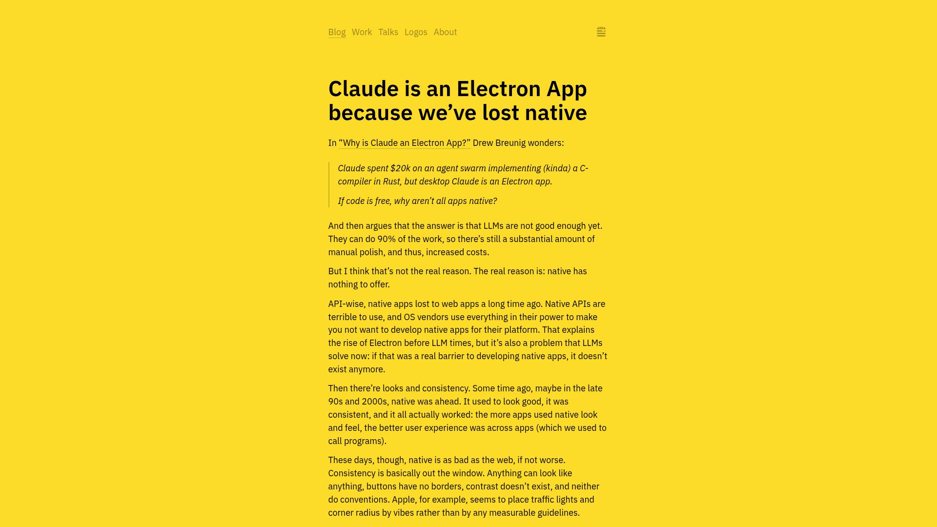 Screenshot of tonsky.me: Claude is an Electron App because we've lost native