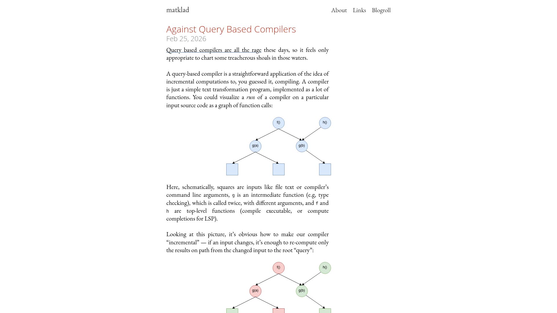 Screenshot of matklad.github.io: Against Query Based Compilers