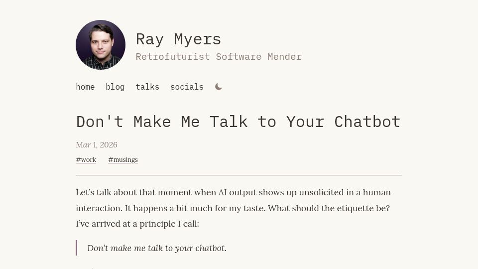 Screenshot of raymyers.org: Don't make me talk to your chatbot