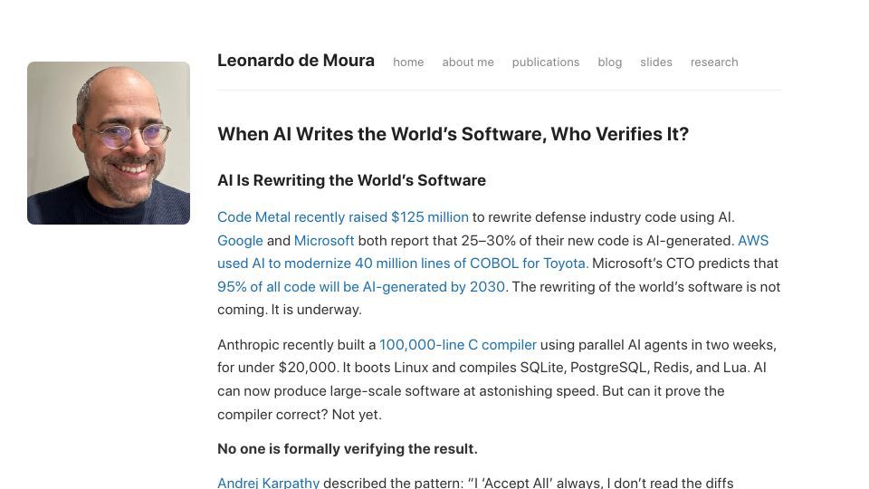 Screenshot of leodemoura.github.io: When AI writes the software, who verifies it?