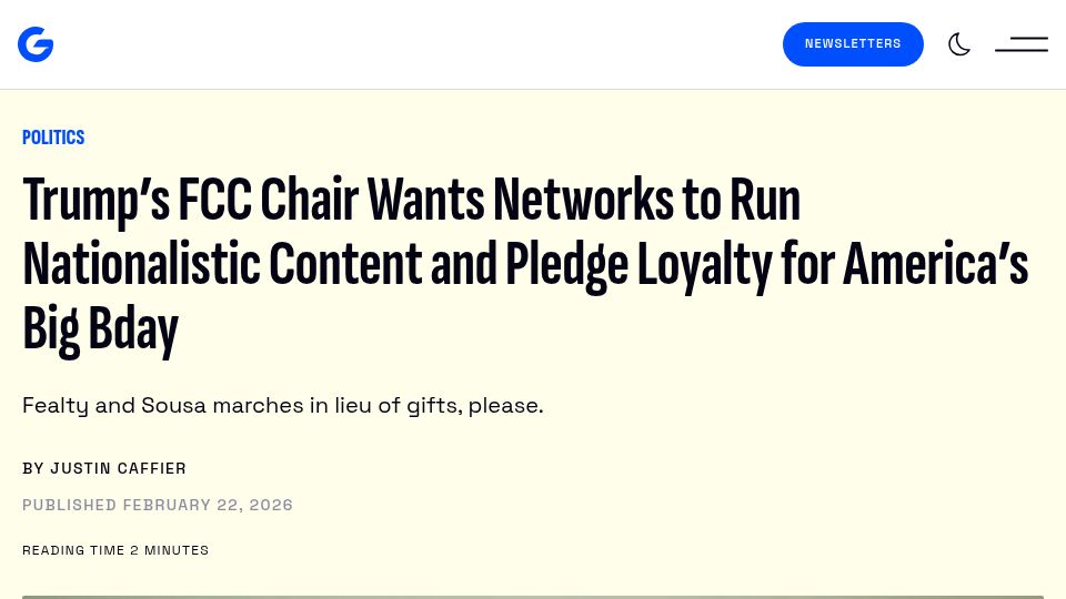 Screenshot of gizmodo.com: FCC Chair Wants Networks to Pledge Loyalty for America's Big Bday