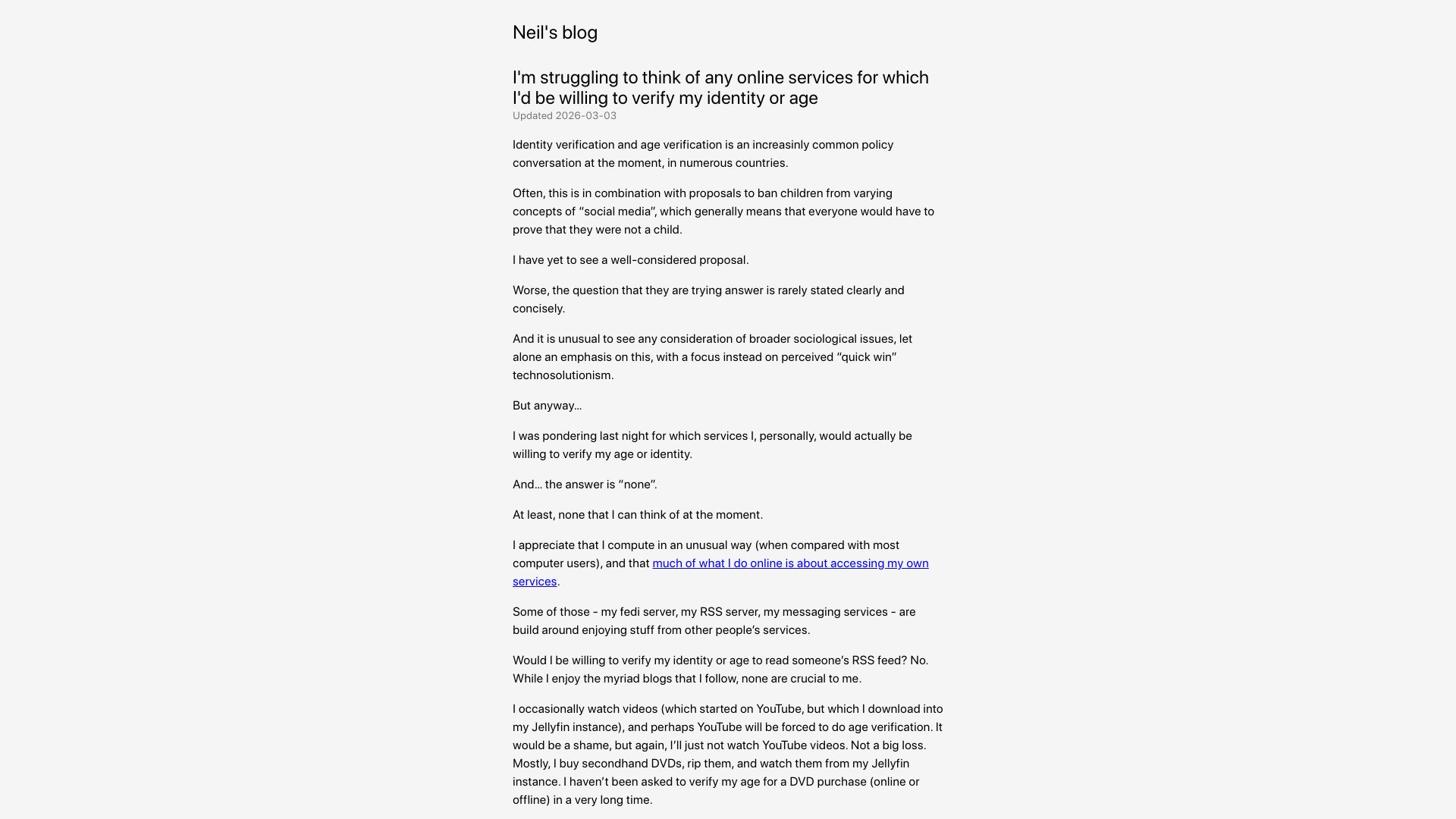 Screenshot of neilzone.co.uk: I'm reluctant to verify my identity or age for any online services