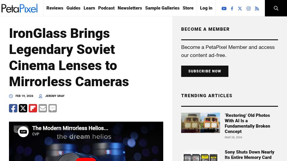 Screenshot of petapixel.com: IronGlass Brings Legendary Soviet Cinema Lenses to Mirrorless Cameras