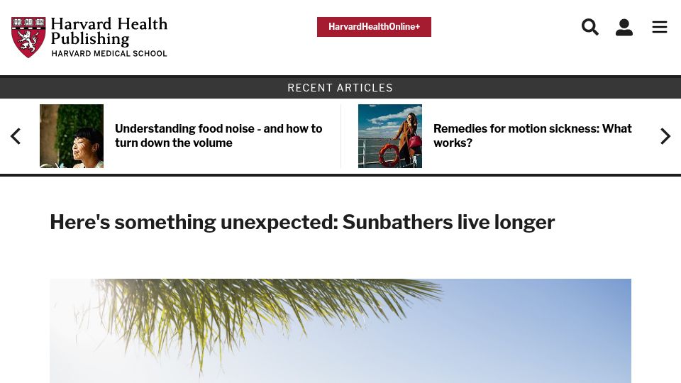 Screenshot of health.harvard.edu: Something unexpected: Sunbathers live longer
