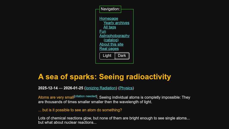 Screenshot of maurycyz.com: A sea of sparks: Seeing radioactivity