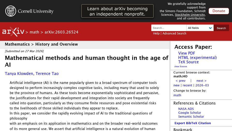 Screenshot of arxiv.org: Mathematical methods and human thought in the age of AI