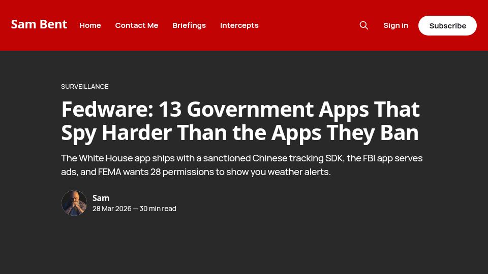 Screenshot of sambent.com: Fedware: Government apps that spy harder than the apps they ban
