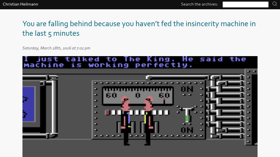 Screenshot of christianheilmann.com: You are falling behind because you haven't fed the insincerity machine