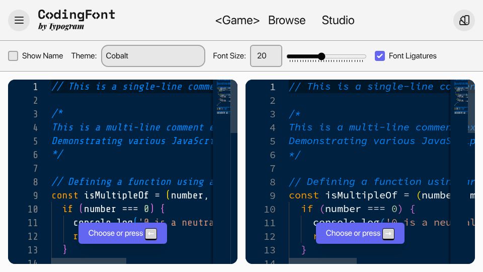 Screenshot of codingfont.com: CodingFont: A game to help you pick a coding font