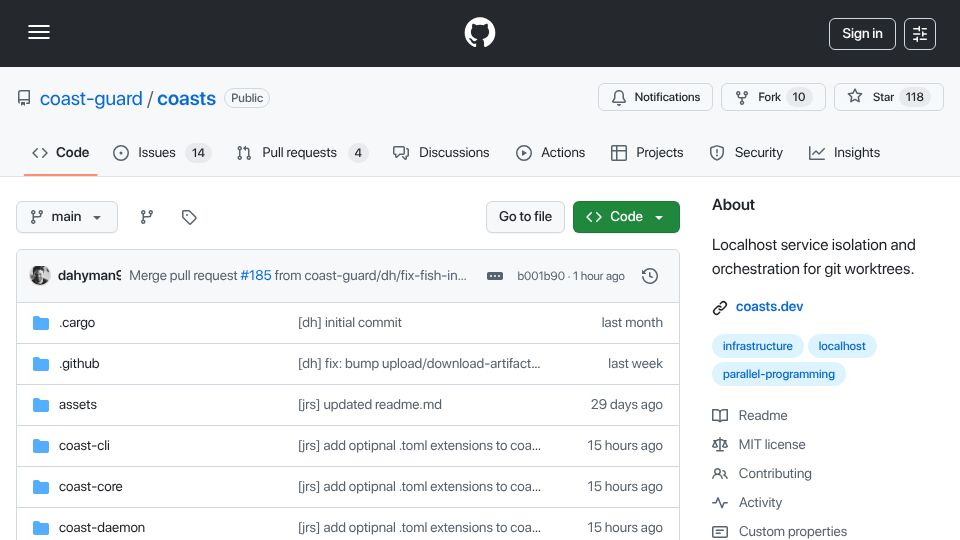 Screenshot of github.com: Show HN: Coasts – Containerized Hosts for Agents