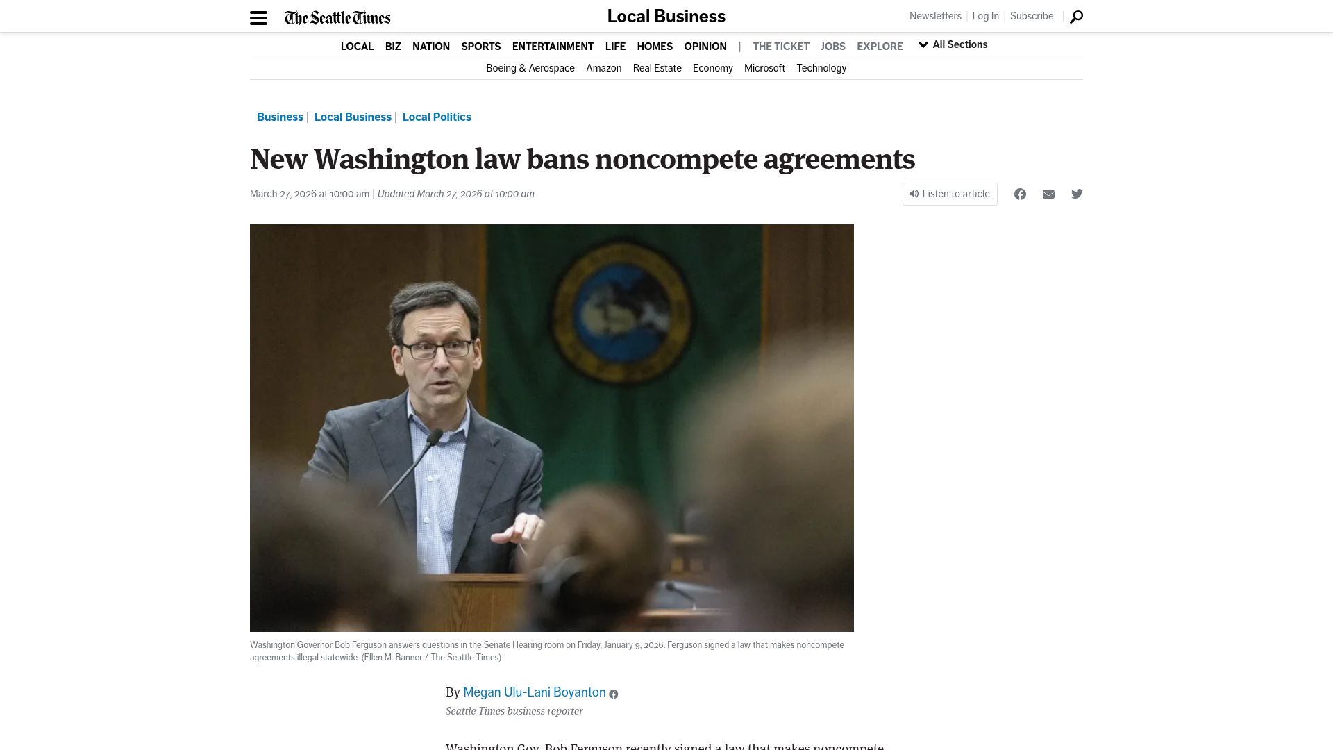 Screenshot of seattletimes.com: New Washington state law bans noncompete agreements