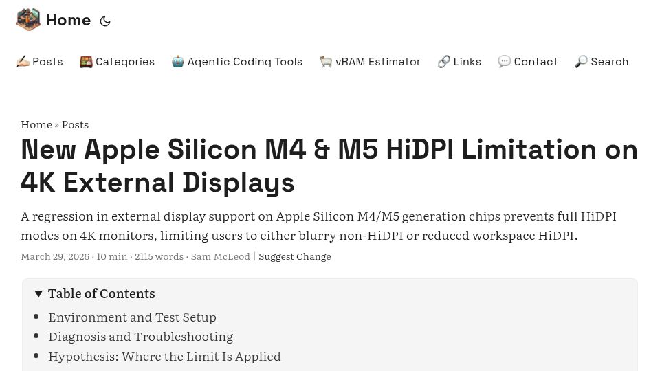 Screenshot of smcleod.net: New Apple Silicon M4 and M5 HiDPI Limitation on 4K External Displays