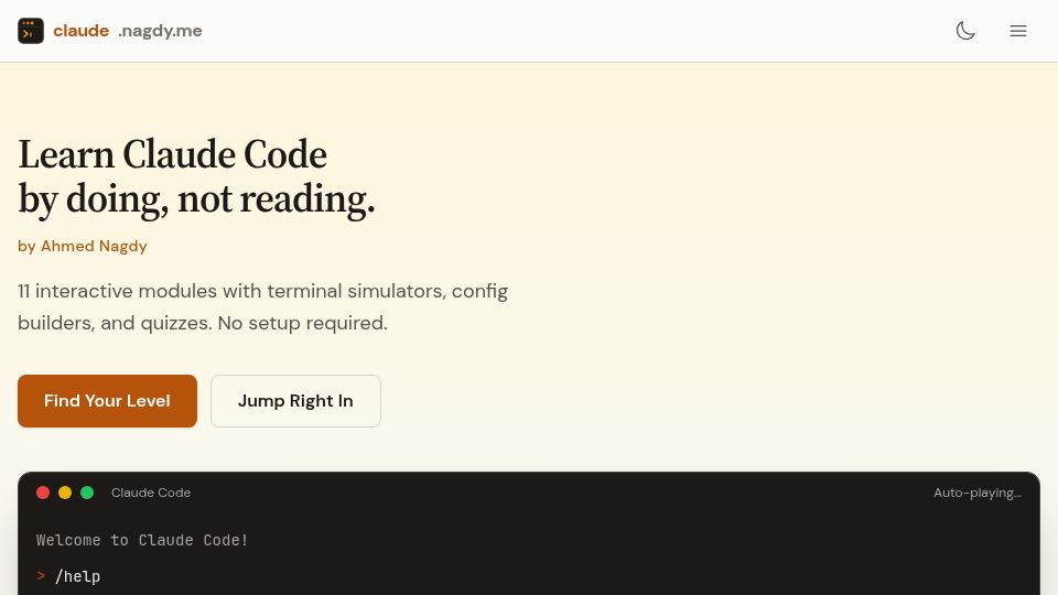 Screenshot of claude.nagdy.me: Learn Claude Code by doing, not reading