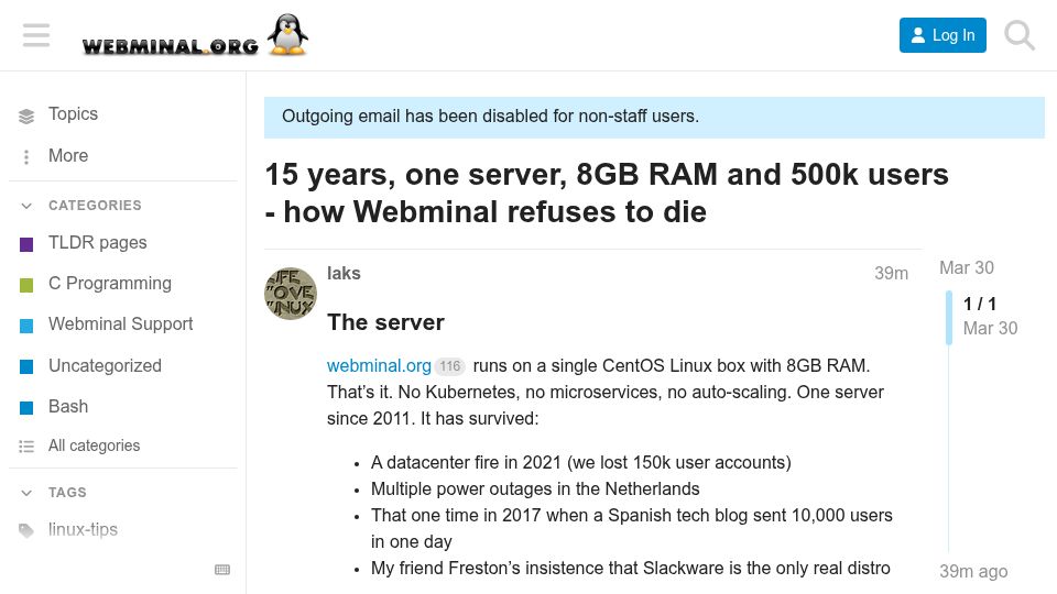Screenshot of community.webminal.org: 15 years, one server, 8GB RAM and 500k users – how Webminal refuses to die