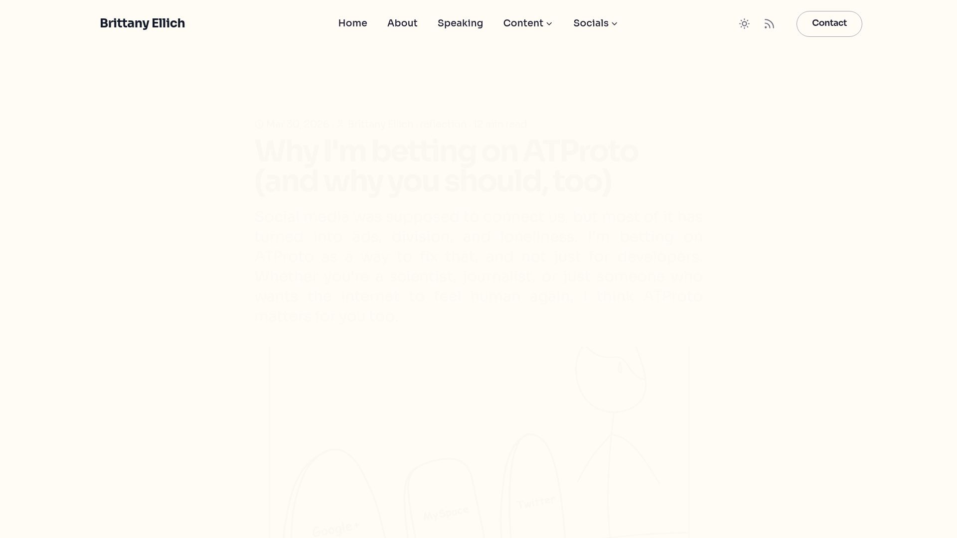 Screenshot of brittanyellich.com: I'm betting on ATProto