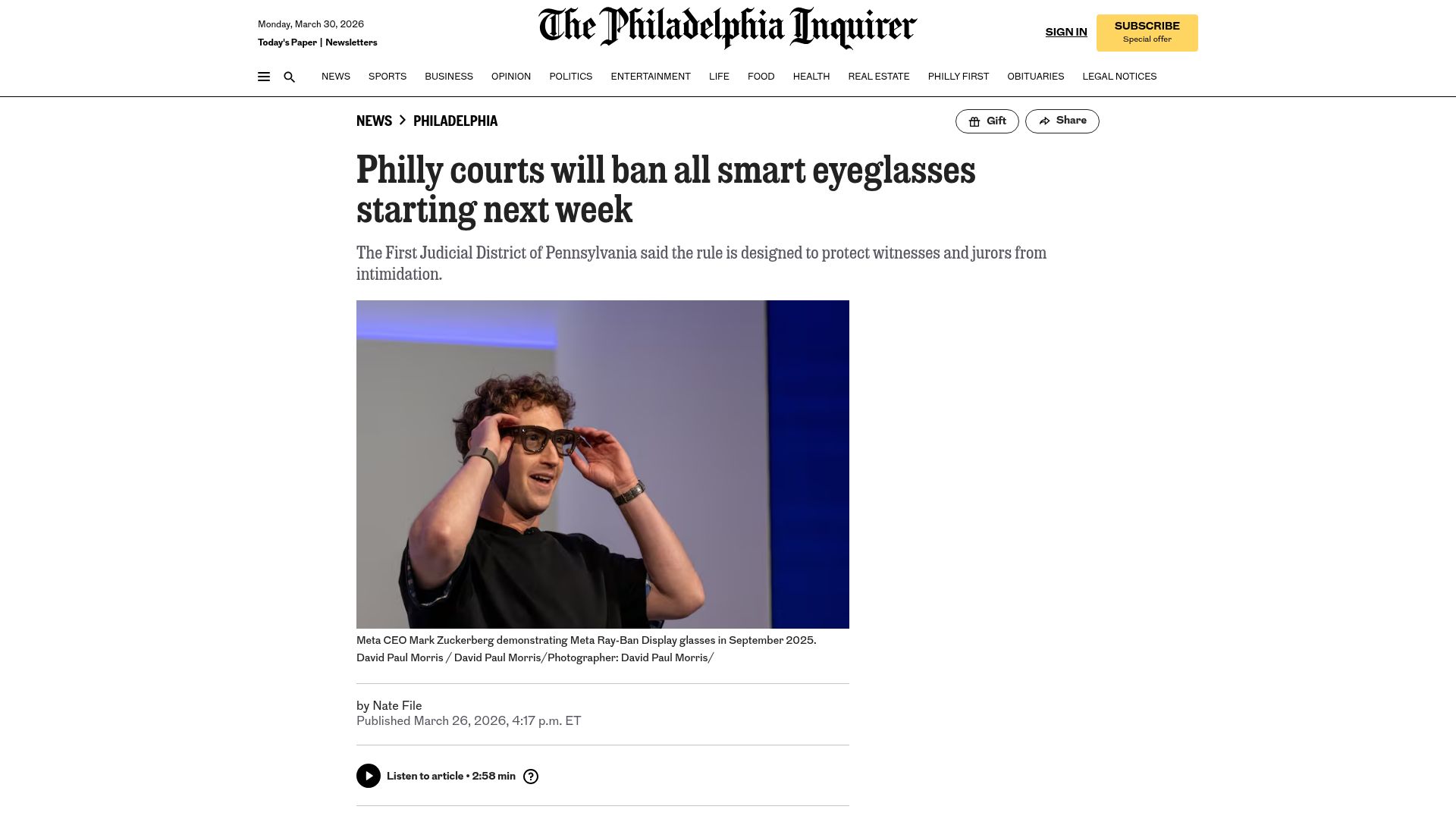 Screenshot of inquirer.com: Philly courts will ban all smart eyeglasses starting next week