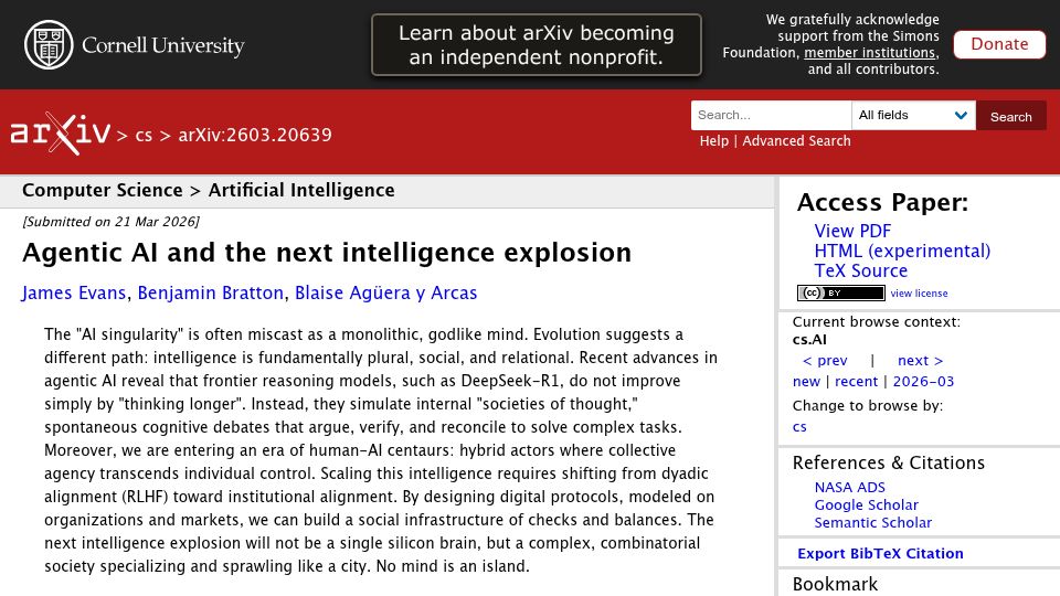 Screenshot of arxiv.org: Agentic AI and the next intelligence explosion