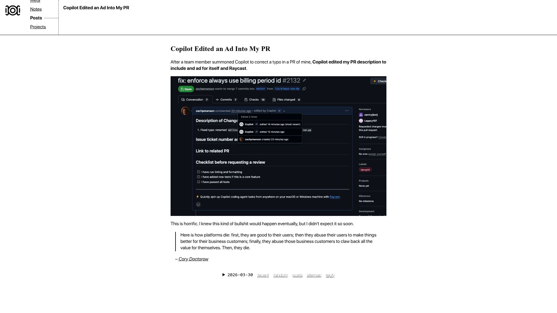 Screenshot of notes.zachmanson.com: Copilot edited an ad into my PR