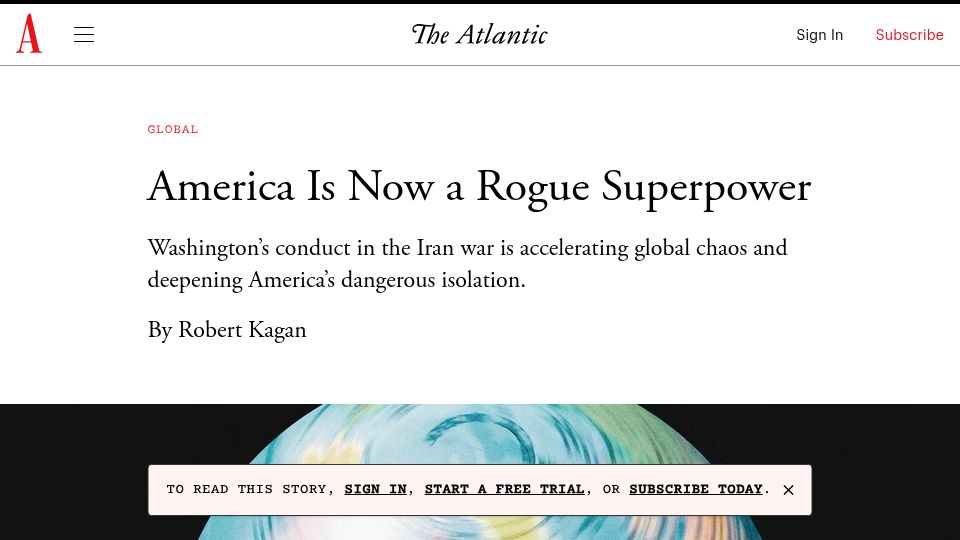 Screenshot of theatlantic.com: America Is Now a Rogue Superpower