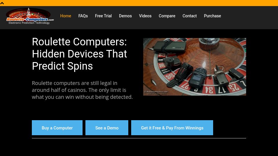 Screenshot of roulette-computers.com: Roulette Computers: Hidden Devices That Predict Spins