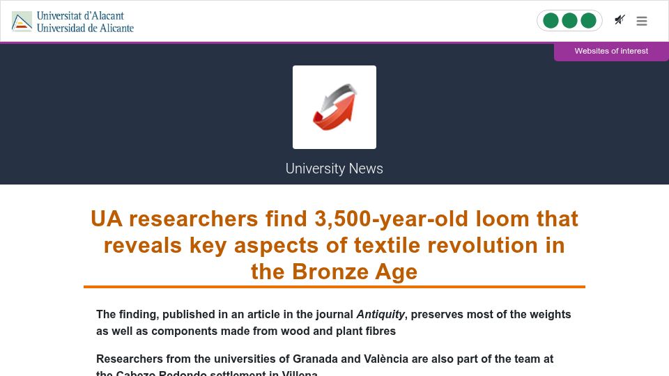 Screenshot of web.ua.es: Researchers find 3,500-year-old loom that reveals textile revolution