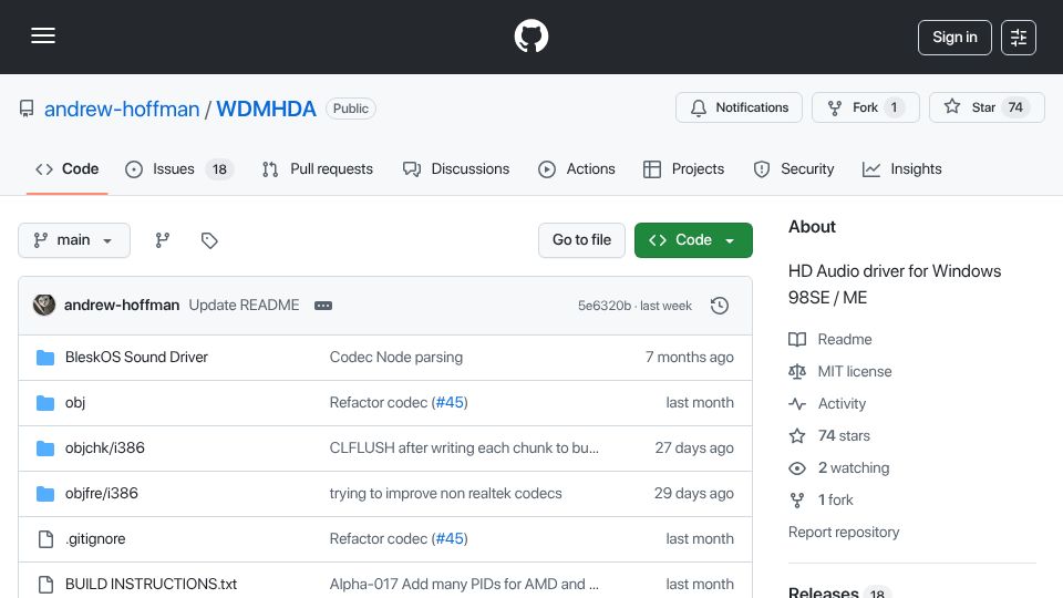Screenshot of github.com: HD Audio Driver for Windows 98SE / Me